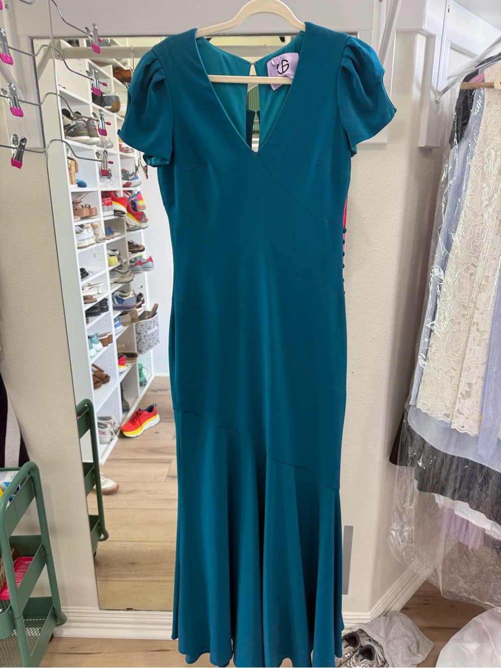 Teal V-Neck Evening Gown with Puff Sleeves